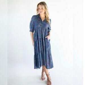 NATURAL LIFE Women's XL Rebecca Wisteria Floral Chambray Blue Tiered Midi Dress